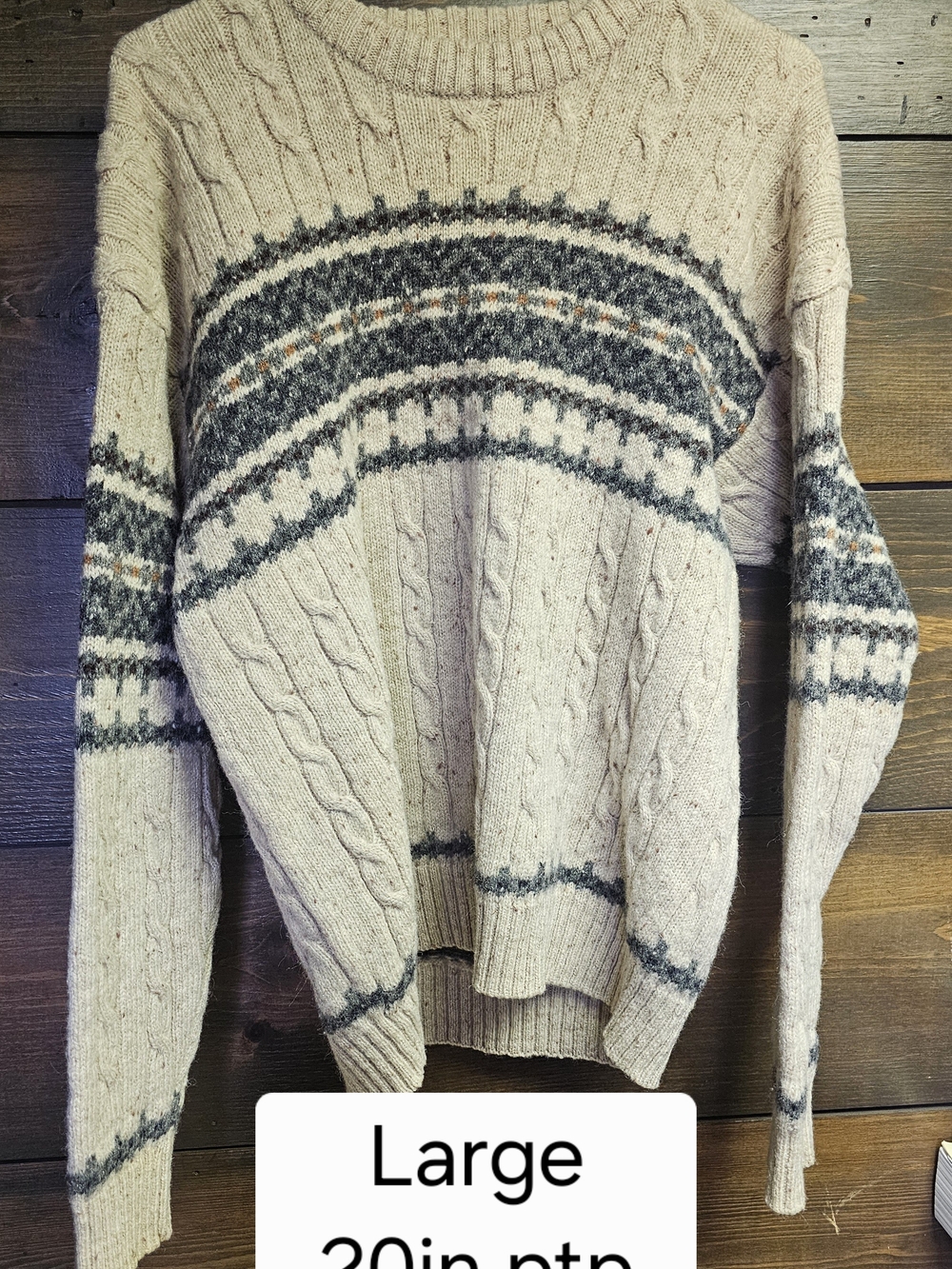 Beige Cable Knit Fair Isle Sweater - Large Dockers 100% Wool Mens Long Sleeve